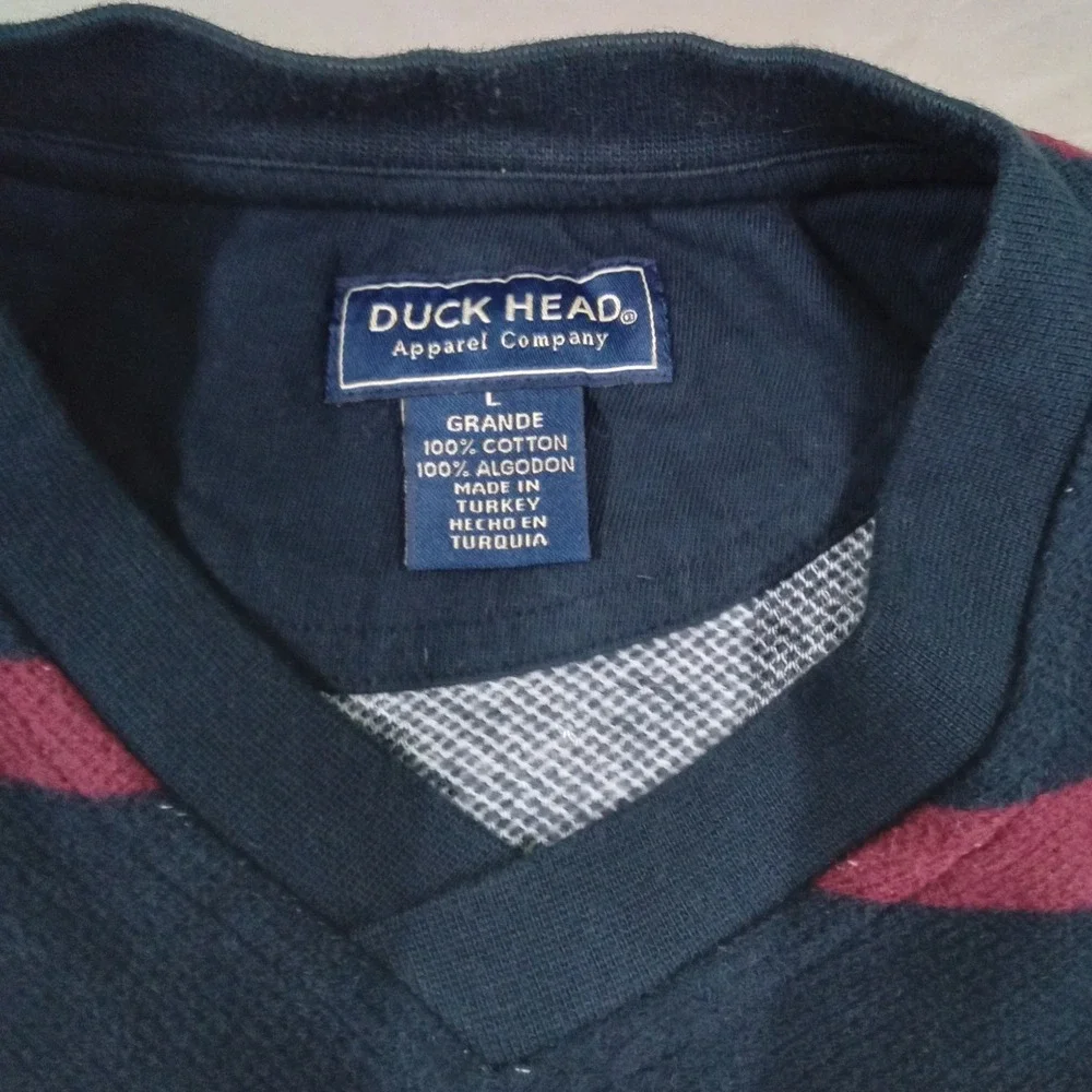 Duck Head Men's LARGE Striped V‎ Neck Long Sleeve Pullover Sweatshirt